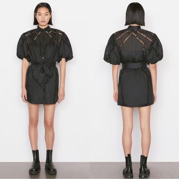 Frame Denim Black Mini Dress with Puff Sleeves and Mandarin Collar - Picture 1 of 11